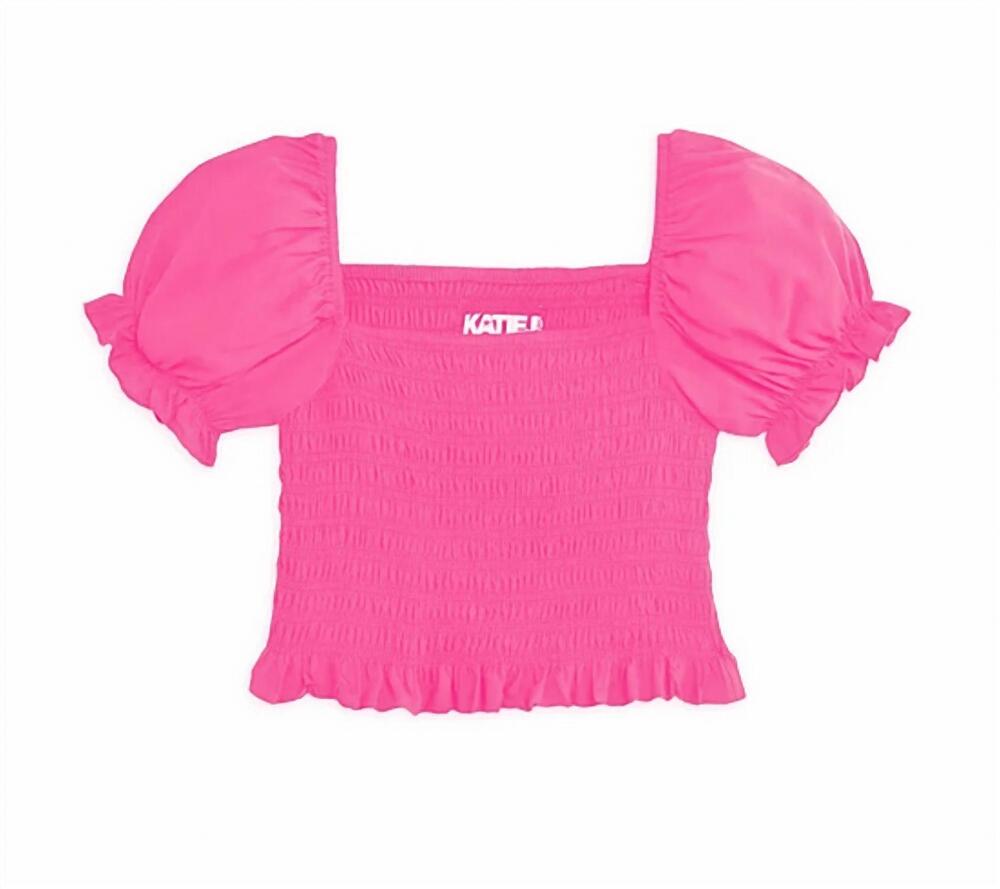 NEW KATIE J NYC girl's marlee puff sleeve top in neon pink